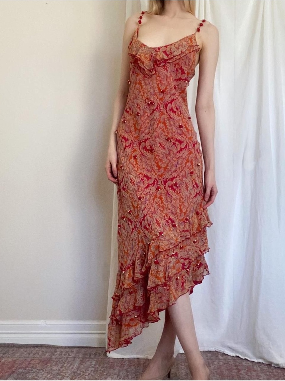 Floral Ruffle Midi Slip Dress in Red-Orange